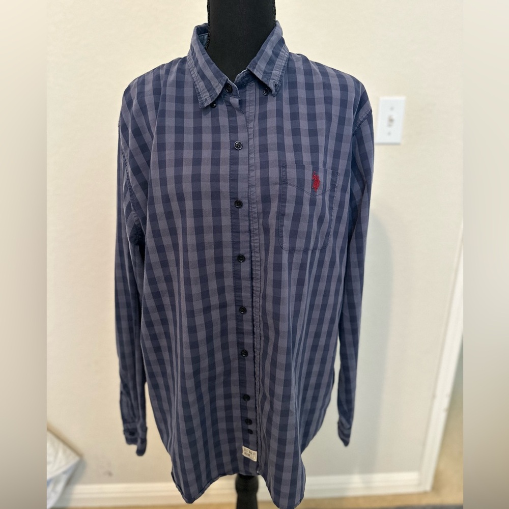 US Polo Assn shirt Men X-large Blue plaid checks Long Sleeve button‎ up Stretch